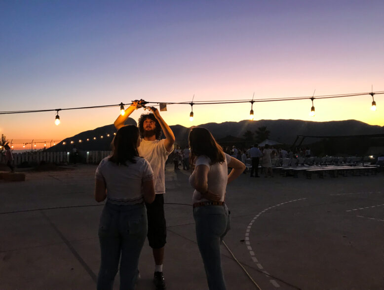 three teens fixing string lights outside at dusk.