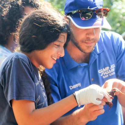 girl looking at a crustacean with a staff member.